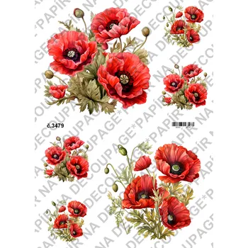 Umělecký papír Rýžový a soft papír na decoupage - Vlčí máky - KB03479 Materiál: Soft, Rozměr: A4