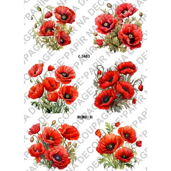 Umělecký papír Rýžový a soft papír na decoupage - Vlčí máky - KB03483 Materiál: Soft, Rozměr: A4