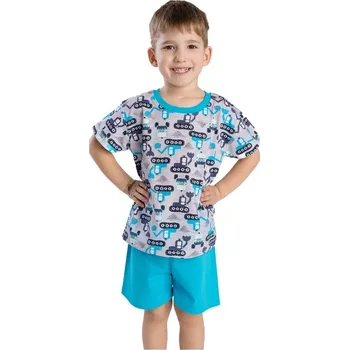 Chlapecké pyžamo Bettymode Dětské pyžamo AUTA A STROJE TYRKYSOVÁ krátký rukáv, 122