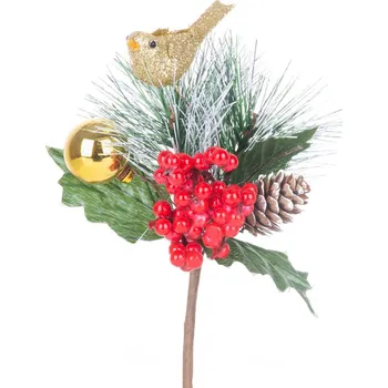 Vánoce Větvička MagicHome Vánoce, s ptáčkem, červeno-zlatá, 16 cm, bal. 6 ks