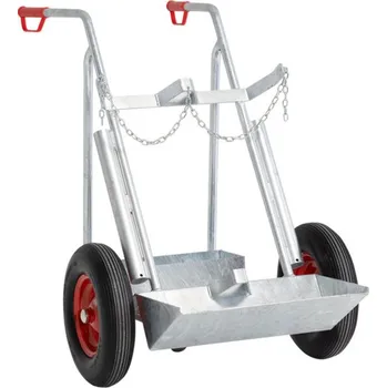 Vozík na plynové lahve z oceli, 2x plynová lahev s max. Ø 250 mm, opěrné kolečko, plná pryžová kola