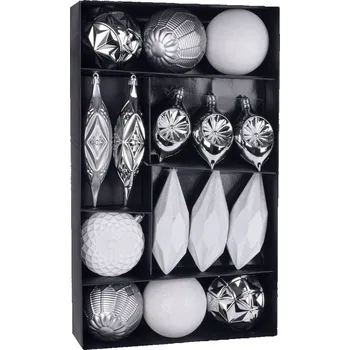 Vánoční ozdoba Koule MagicHome Vánoce, set, 16 ks, bílo - stříbrné, na vánoční stromek, 8-15 cm