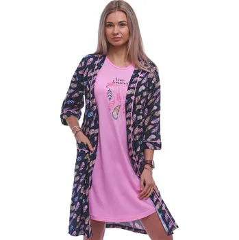 Dámská noční košile Tmavě modrý župan s barevným peřím a růžová košilka pro ženy set - DREAMS snář 1G0697 růžová l