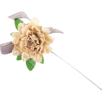 Vánoční dekorace Květ MagicHome, pivoňka, se stuhou, okr, stonek, velikost květu: 17 cm, délka květu: 37 cm, bal. 6 ks