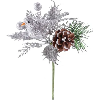Vánoční dekorace Větvička MagicHome Vánoce, s ptáčkem, stříbrná 17 cm, bal. 6 ks
