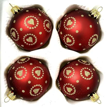 Vánoční ozdoba Irisa Skleněná vánoční koule Ø 7 cm – matná červená se zlatými srdíčky (sada 4 ks) 7 cm červená 4 ks