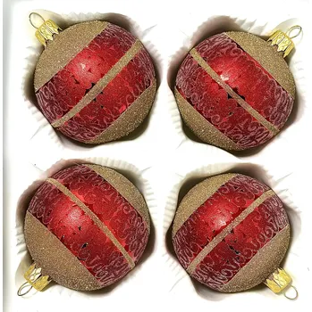 Vánoční ozdoba Irisa Skleněná vánoční koule Ø 7 cm – Rubínový samet & zlaté pruhy (sada 4 ks) Velikost: 7 cm, Balení: 4ks, Barva: červená