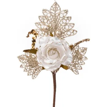 Vánoční dekorace Větvička MagicHome Vánoce, s růží, bílo - zlatá, 26 cm, bal. 6 ks