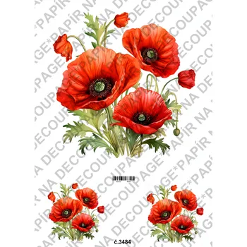 Umělecký papír Rýžový a soft papír na decoupage - Vlčí máky - KB03484 Materiál: Soft, Rozměr: A4