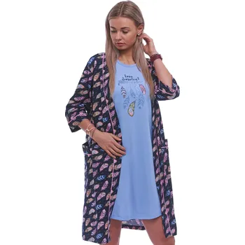 Dámská noční košile Tmavě modrý župan s barevným peřím a modrá košilka pro ženy set - DREAMS snář 1G0698 modrá m