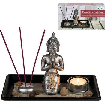 Žertovný předmět Buddhova zahrada - Buddha, vonné tyčinky, svíčka a kameny