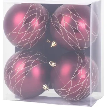 Vánoční dekorace Koule MagicHome Vánoce, 4 ks, bordó, matné, s dekorací, na vánoční stromeček, 10 cm