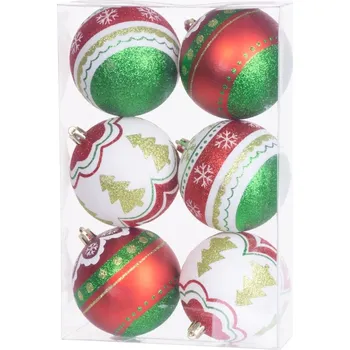 Vánoční dekorace Koule MagicHome Vánoce, 6 ks, červeno - zelené, s dekorací, na vánoční stromek, 8 cm