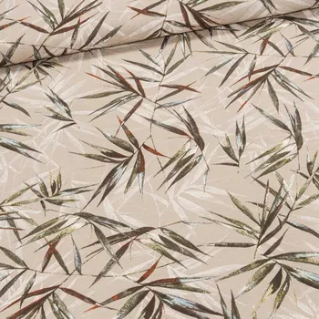 Směsové plátno COSTARICA ŠEDÁ, bambusové listy na béžové, š.140cm (látka v metráži)