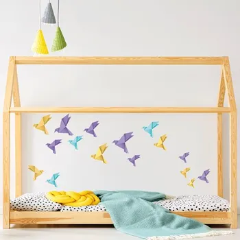 Samolepící dekorace Nálepky na zeď origami ptáčci fialové,žluté a modré - Plotbase, s.r.o., 40x120cm