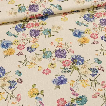 Bavlněné plátno MARI 1, luční květiny na režné, vyšší gramáž, š.140cm (látka v metráži)