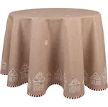 Hnědý bavlněný kulatý ubrus s motivem perníkových domečků Gingerbread Bliss – průměr 170 cm