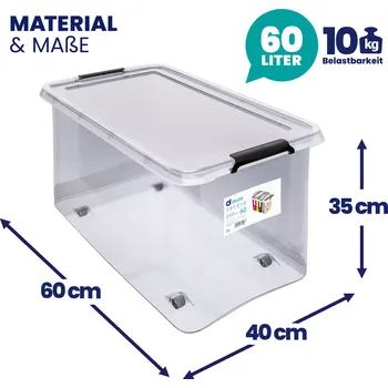 Odpadkový koš Deuba® Úložný box s víkem a kolečky 60 l – průhledný, 60×40×35 cm