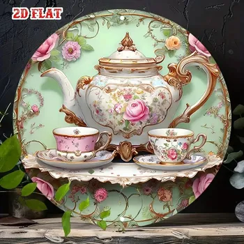 Plechová cedule BAF Kulatá kovová nástěnná cedule Čajová konvice. Průměr 20 cm