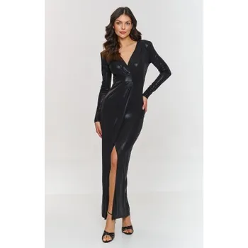 Dámské šaty Elegantní lesklé šaty s rozparkem Makadamia M886 - černé Černá L(40)