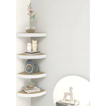 police Rohové nástěnné police, 4 ks, dub a bílá, 35x35x3,8 cm, MDF