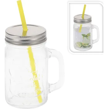 Sklenice Mat Sklenice 450ml s uchem, víčkem a brčkem