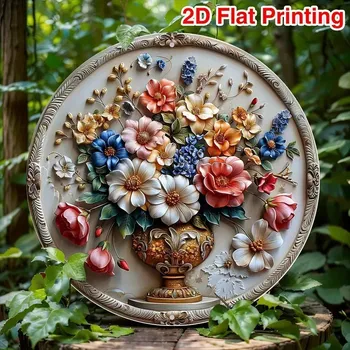 Plechová cedule BAF Kulatá kovová nástěnná cedule Kytice. Průměr 20 cm