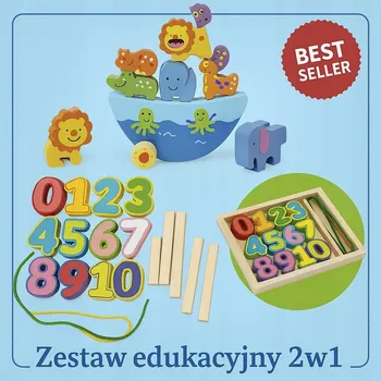 Dřevěná hračka Sada Dovednostní Hra Zvířátka na Lodičce + Barevné Číslice a Tyčinky