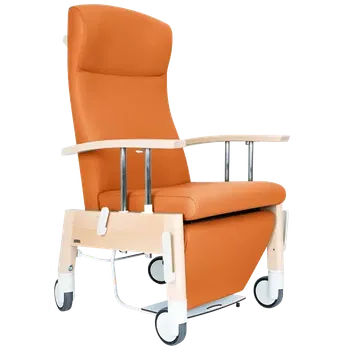 Sedací souprava NOVA CARE CENTRAL BRAKE + polohovací mechanismus, pečovatelské křeslo, mobilní, výškově stavitelné područky, dřevěný rám, látka oranžová