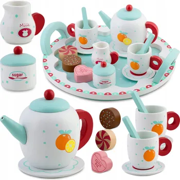 Dřevěná hračka Dřevěná kávová souprava pro děti, sada na kávu a čaj s dortíky, hračky