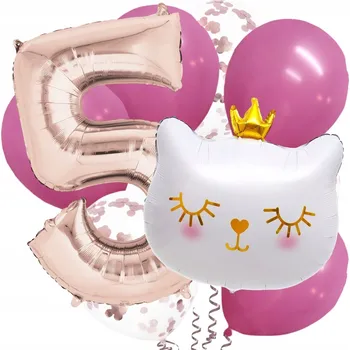 Balónek Roztomilá Sada Balónků Bílý Kocourek s korunkou Kočka ČÍSLICE 5 růžovo-zlatá sada