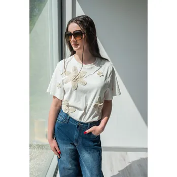 Triko s aplikací háčk. květů EE2502 barva: bílá, velikost: L/XL