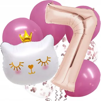 Balónek Roztomilá sada balónků Bílý Kocourek s korunkou Kočka ČÍSLICE 7 růžovo-zlatá sada
