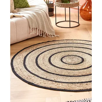 Koberec Koberec béžová černá juta 140 x 140 cm krátký vlas se spirálovým vzorem, strojově tkaný kulatý Beliani