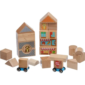 Dřevěná hračka Lucy & Leo 174 Město - sada dřevěných kostek se dvěma autíčky - 25 dílů
