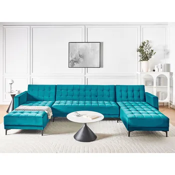 Pohovka Rozkládací pohovka mořská modrá sametové čalounění moderní styl 5místná modulární černé nohy ve tvaru U s lenoškami obývací pokoj Beliani