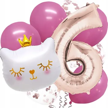Balónek Roztomilá sada balónků Bílý Kocourek s korunkou Kočka ČÍSLICE 6 růžovo-zlatá sada