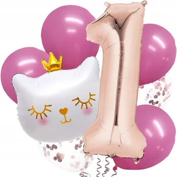 Balónek Roztomilá Sada Balónků Bílý Kocourek s korunkou Kočka ČÍSLICE 1 růžovo-zlatá sada
