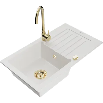 Granitový dřez Mexen Pablo granitový dřez 1-komorový s odkapávačem a kuchyňskou baterií Telma, bílý - 6510-20-670200-50 Granitové dřezy s baterií