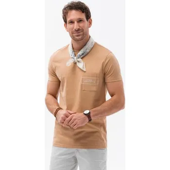 Pánské bavlněné tričko s potiskem kapes světle hnědé V6 S1742