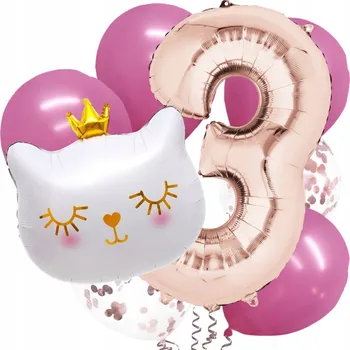 Balónek Roztomilá sada balónků Bílý Kocourek s korunkou Kočka ČÍSLICE 3 růžovo-zlatá sada