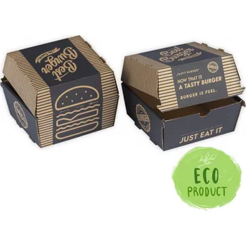 Jednorázové nádobí Box na hamburger 130x130x110 mm VL hnědý s potiskem 100ks