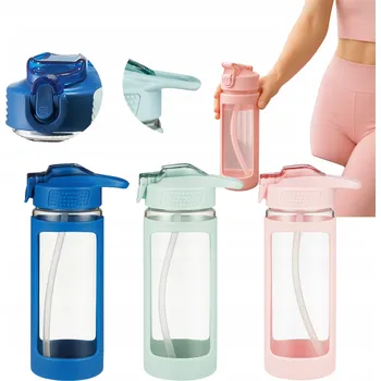 Láhev Lahev Na Pití Ambition skleněný 500 ml vícebarevný s brčkem a rukojetí