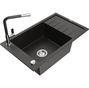 Granitový dřez Mexen Elias granitový dřez s 1 komorou, odkapávačem a kuchyňskou baterií Flora, černý/zlatý metalik - 6511-75-670401-07 Granitové dřezy s baterií