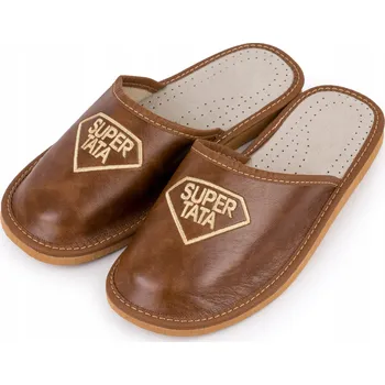 Dámské pantofle Pánské kožené pantofle – dárek pro tátu – hnědé nazouvací papuče, vel. 44