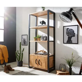 Knihovna Knihovna Crompton 80x185 cm přírodní mango 3 přihrádky 2 dvířka kov