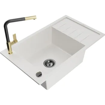 Granitový dřez Mexen Elias granitový dřez s 1 komorou, odkapávačem a kuchyňskou baterií Flora, bílý - 6511-20-670401-57-B Granitové dřezy s baterií