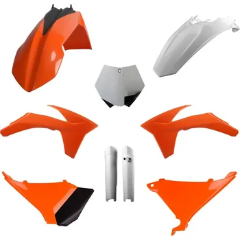 Sada plastů (FULL KIT) KTM SX '11 XC/XC-F '11, v sadě přední tabulka a kryty tlumičů (oranžová/bílá),POLISPORT