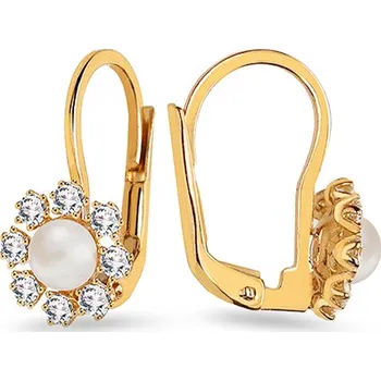 Náušnice Náušnice s perlami a zirkony ve žlutém zlatě kvítky IZ24633Y + dárkové balení LUXUS zdarma