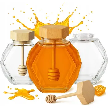 Dóza na potraviny 5x Skleněná Nádoba MAJA 380 ml na Med s dřevěným víčkem a lžičkou Sklenice